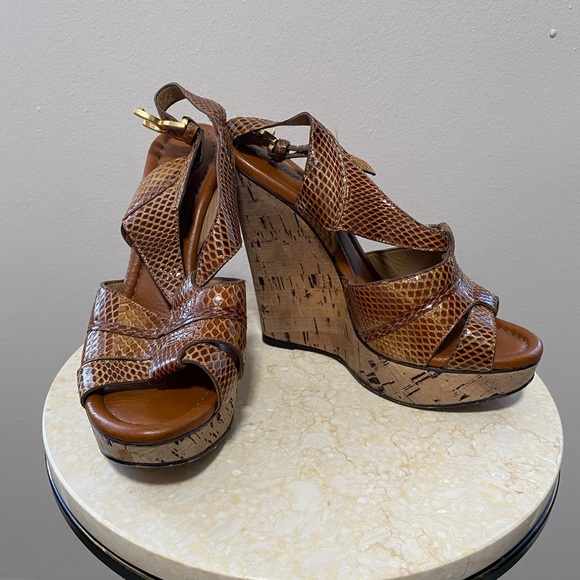 Chloé Renna Leather Snakeskin Slingback Cork Wedges Size 39.5 - Picture 1 of 8